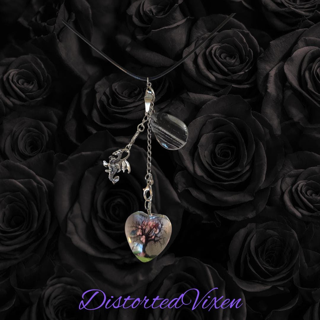 Tree of Life Dragon Necklace Resin Heart and Black Glass Teardrop Pendant, Layering Jewelry - Thumbnail 8