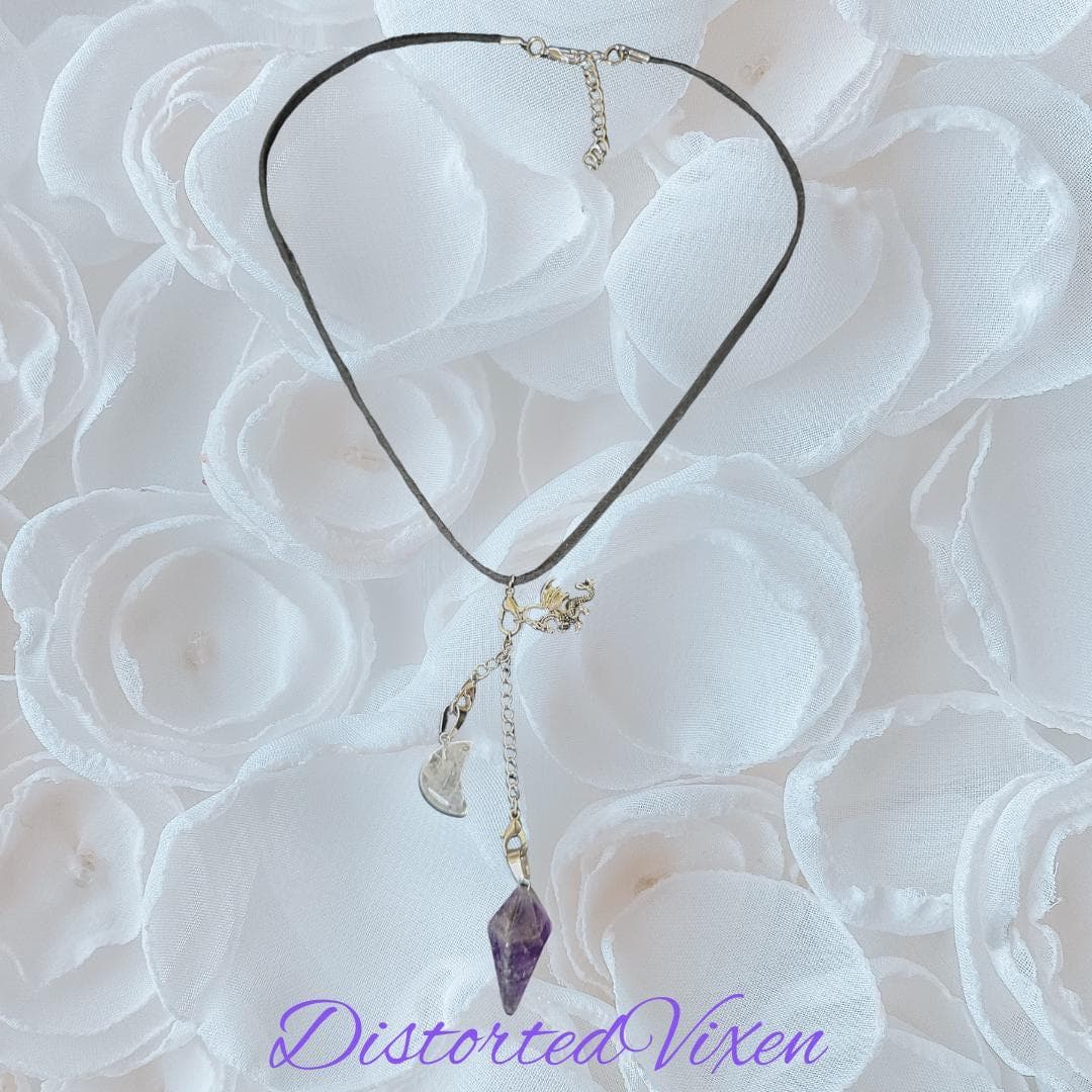 Dragon Amethyst Pendulum Necklace • Clear Quartz Moon • Witch Divination Jewelry • Crystal Dowsing Tool - Thumbnail 3