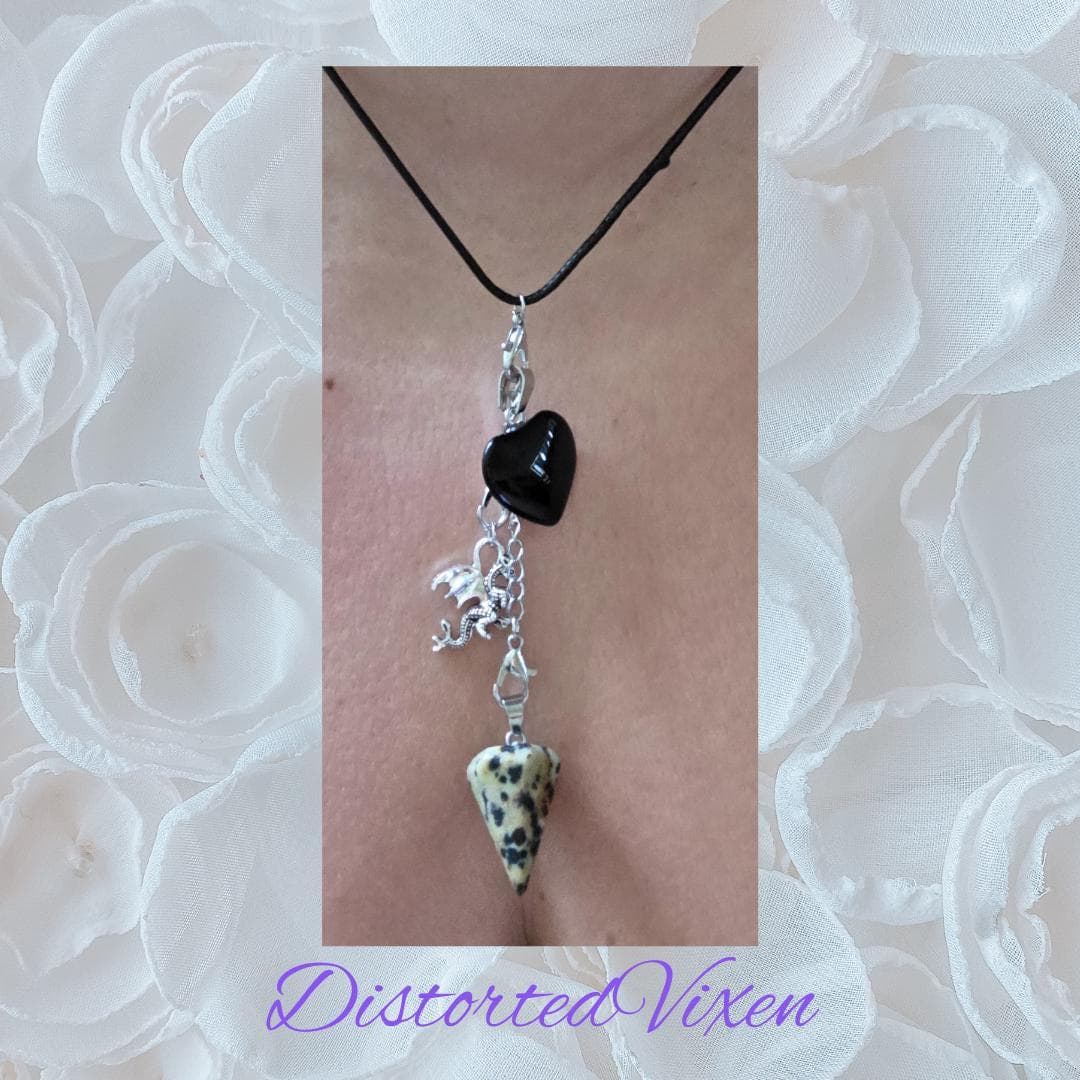 Obsidian Heart Necklace • Dalmatian Jasper Pendulum • Dragon Charm Jewelry - Thumbnail 2