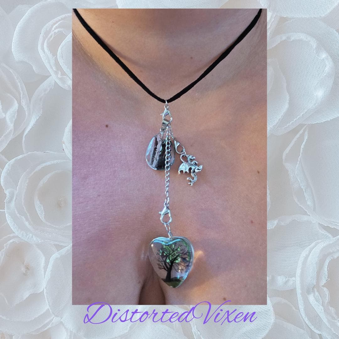 Tree of Life Dragon Necklace – Resin Heart, Teardrop Charm - Thumbnail 4