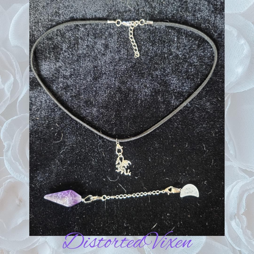 Dragon Amethyst Pendulum Necklace • Clear Quartz Moon • Witch Divination Jewelry • Crystal Dowsing Tool - Thumbnail 2