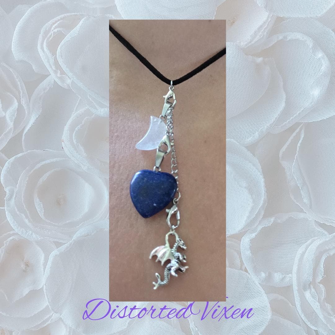 Lapis Heart Necklace with Quartz Moon & Dragon Charm •Blue Crystal Heart Pendant - Thumbnail 4