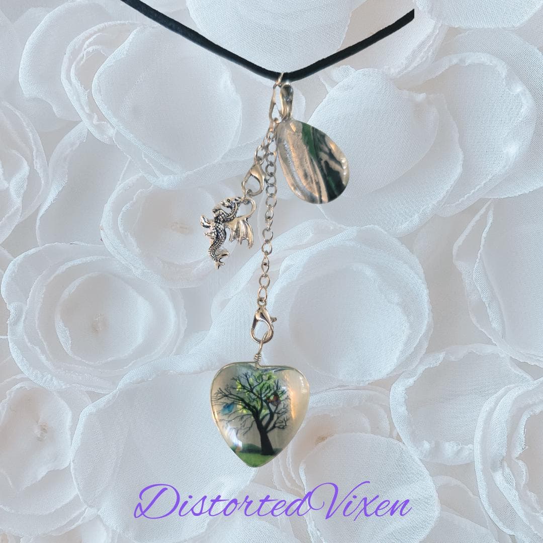 Tree of Life Dragon Necklace – Resin Heart, Teardrop Charm - Thumbnail 3