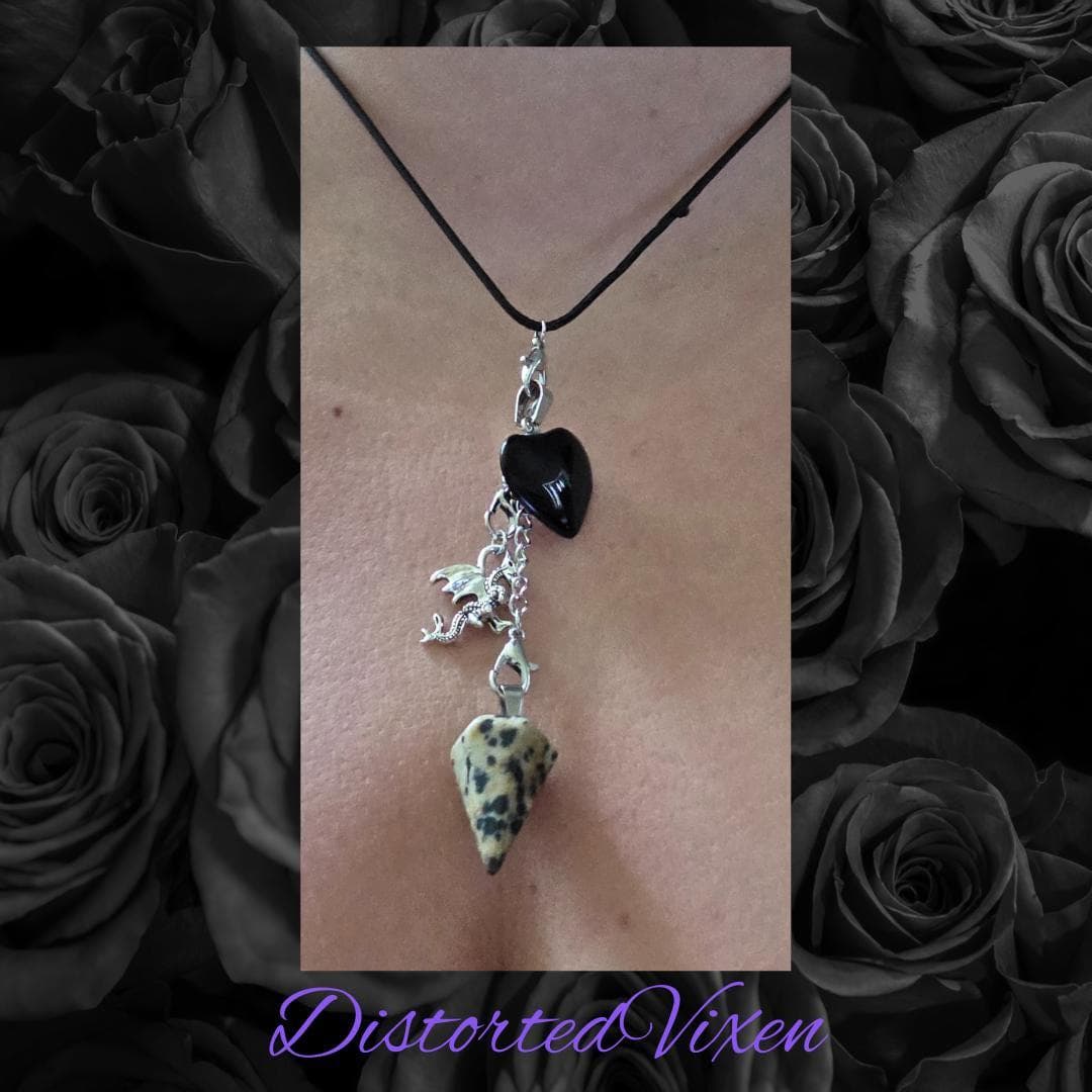Obsidian Heart Necklace • Dalmatian Jasper Pendulum • Dragon Charm Jewelry - Thumbnail 6