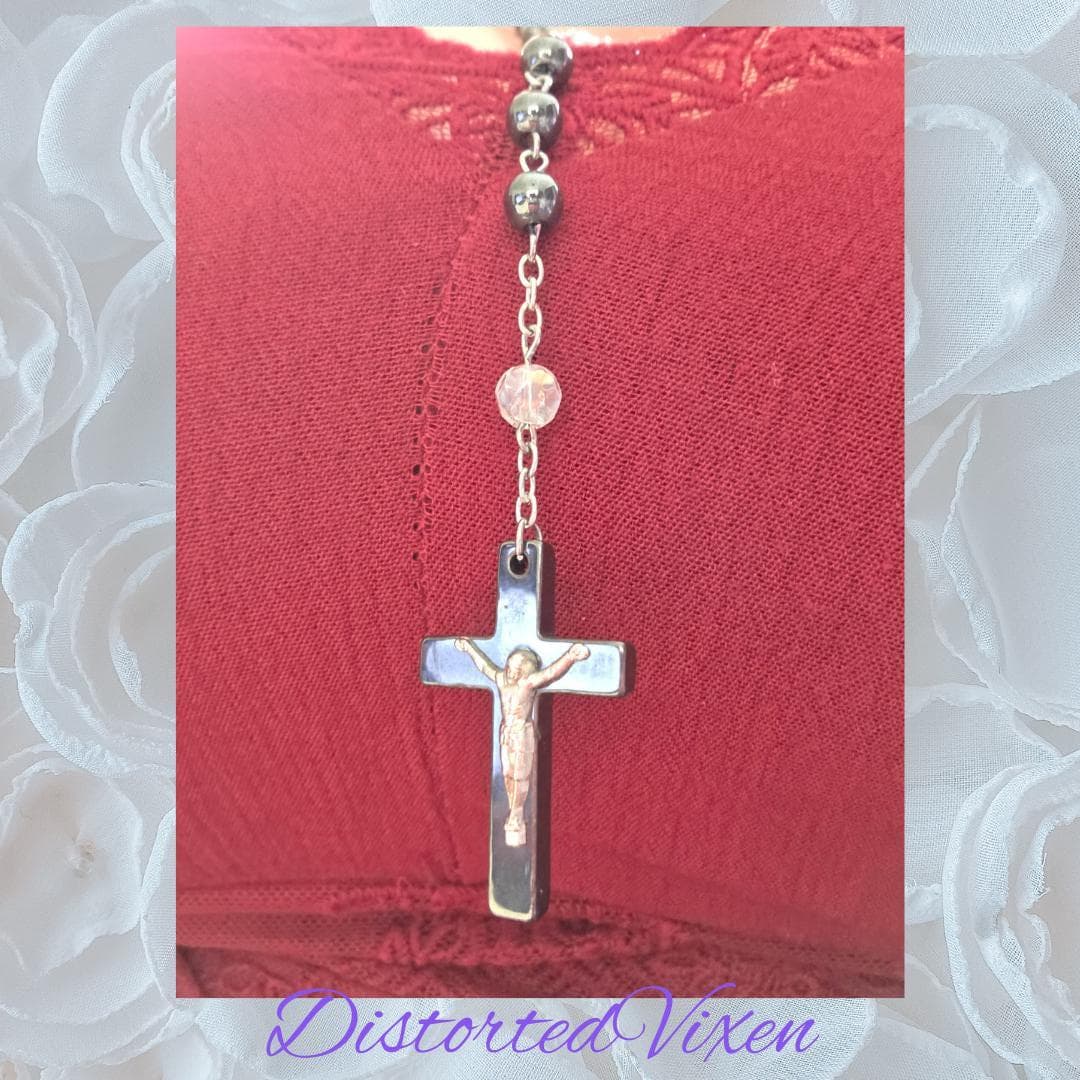 Black hematite Rosary Necklace – Crucifix Pendant, Gothic Cross Jewelry, Beaded Prayer Necklace - Thumbnail 4