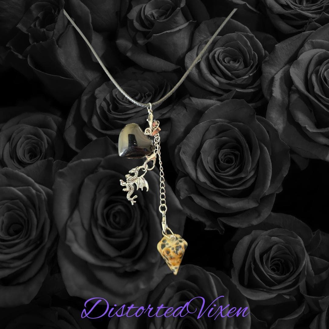 Obsidian Heart Necklace • Dalmatian Jasper Pendulum • Dragon Charm Jewelry