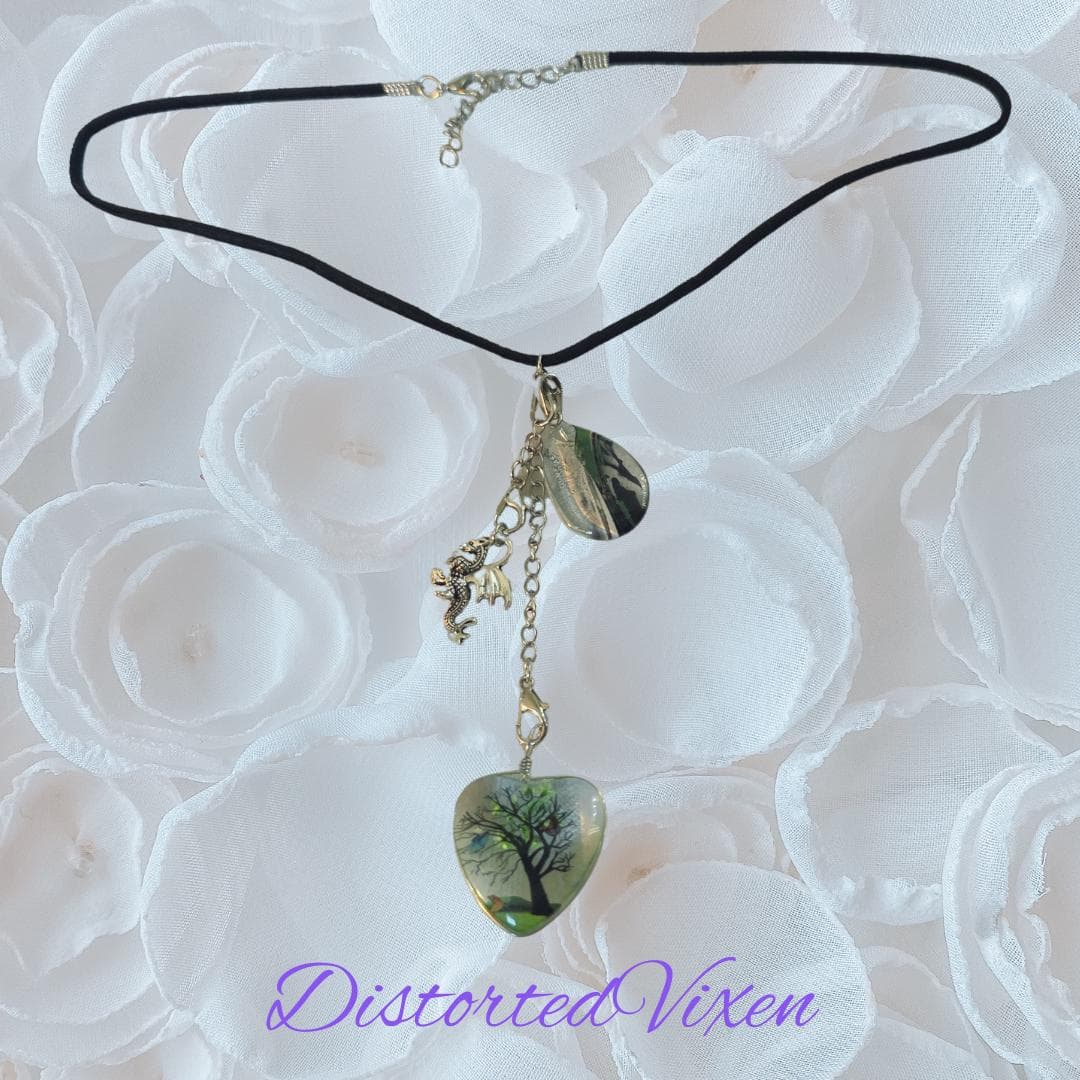 Tree of Life Dragon Necklace – Resin Heart, Teardrop Charm - Thumbnail 2