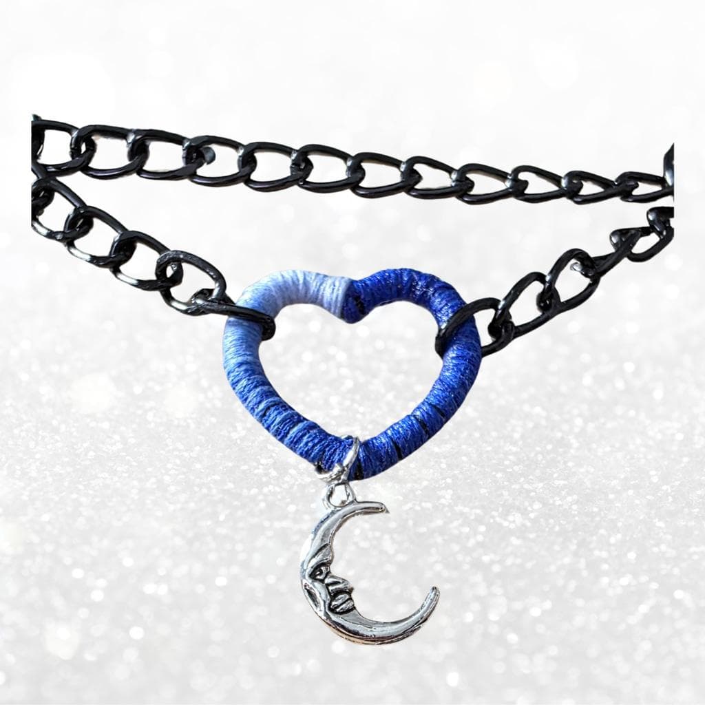 Gothic Armor Blue Ombré Heart Choker – Celestial Moon Charm, Industrial Chain - Thumbnail 7
