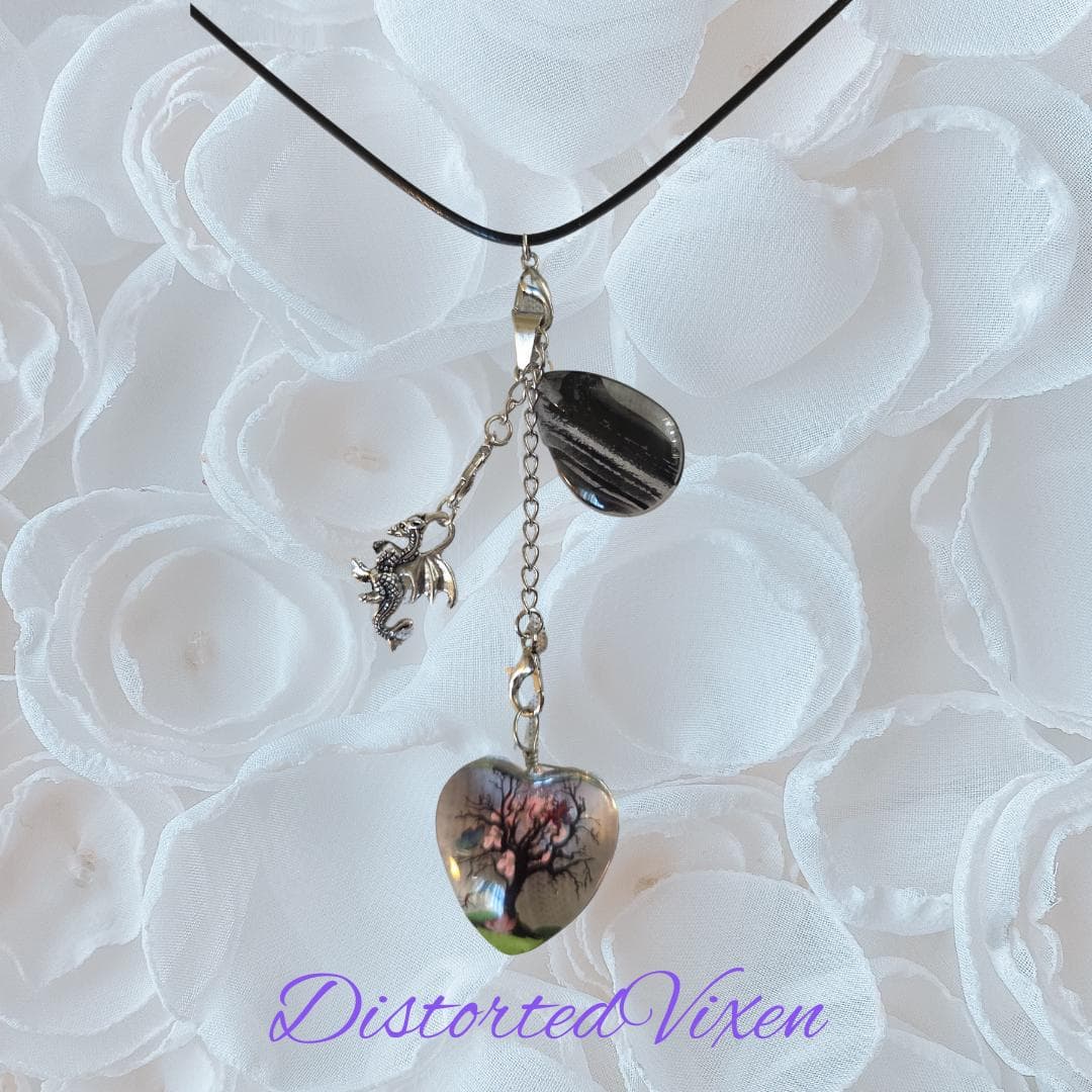 Tree of Life Dragon Necklace Resin Heart and Black Glass Teardrop Pendant, Layering Jewelry - Thumbnail 6