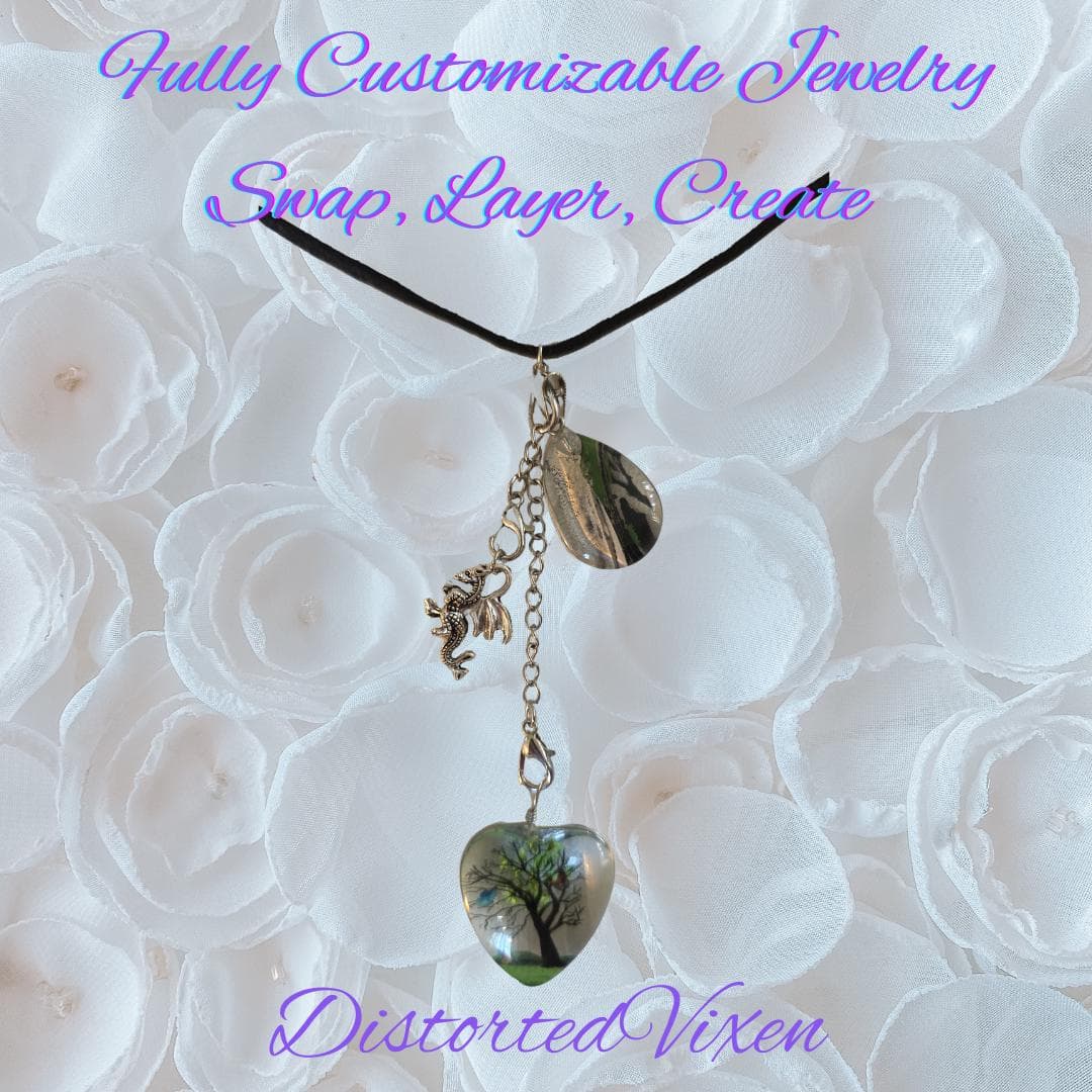 Tree of Life Dragon Necklace Resin Heart and Black Glass Teardrop Pendant, Layering Jewelry - Thumbnail 3