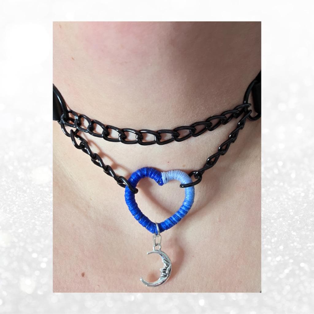 Gothic Armor Blue Ombré Heart Choker – Celestial Moon Charm, Industrial Chain - Thumbnail 8