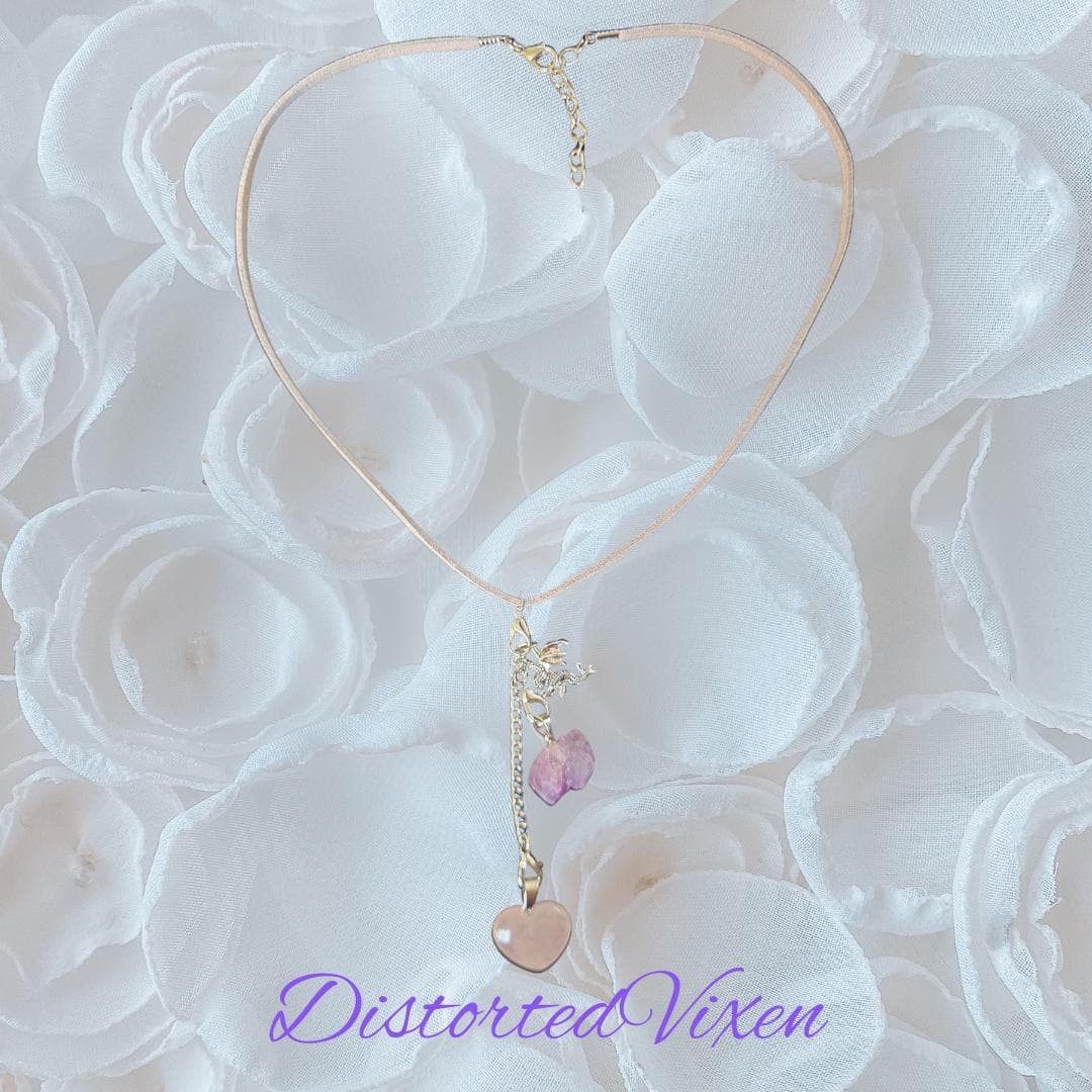 Rose Quartz & Amethyst Dragon Necklace, Adjustable Gray Cord, Interchangeable Charms, Layered Healing Jewelry - Thumbnail 3
