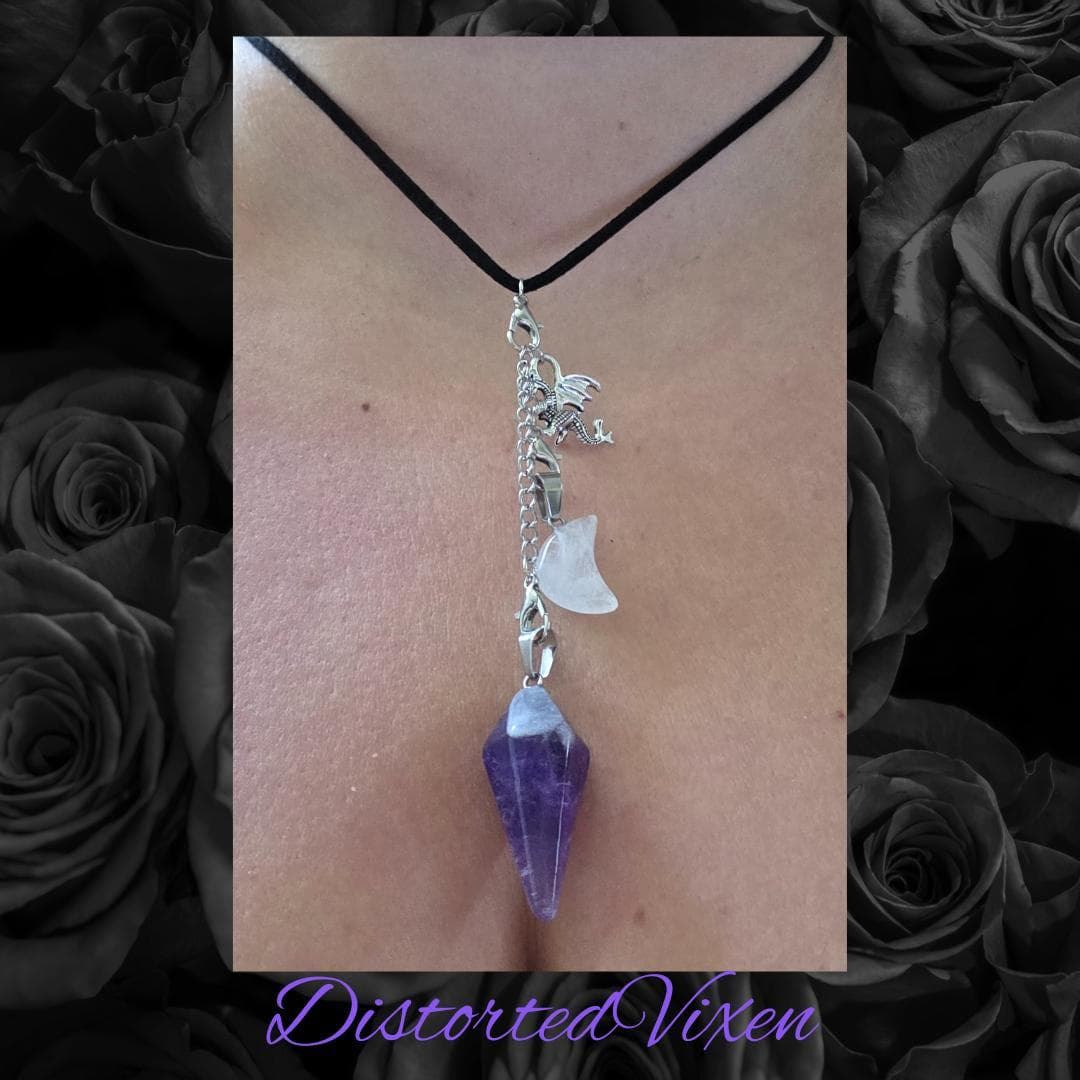Dragon Amethyst Pendulum Necklace • Clear Quartz Moon • Witch Divination Jewelry • Crystal Dowsing Tool - Thumbnail 7
