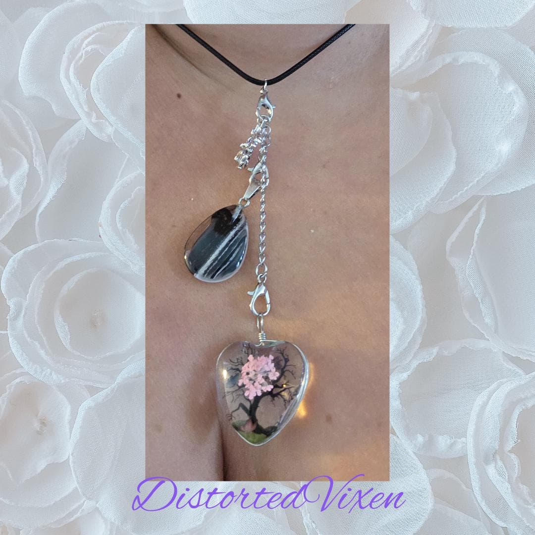 Tree of Life Dragon Necklace Resin Heart and Black Glass Teardrop Pendant, Layering Jewelry - Thumbnail 5