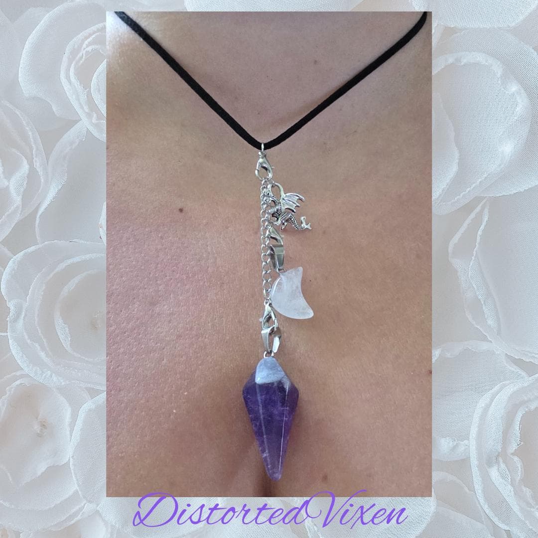 Dragon Amethyst Pendulum Necklace • Clear Quartz Moon • Witch Divination Jewelry • Crystal Dowsing Tool - Thumbnail 4