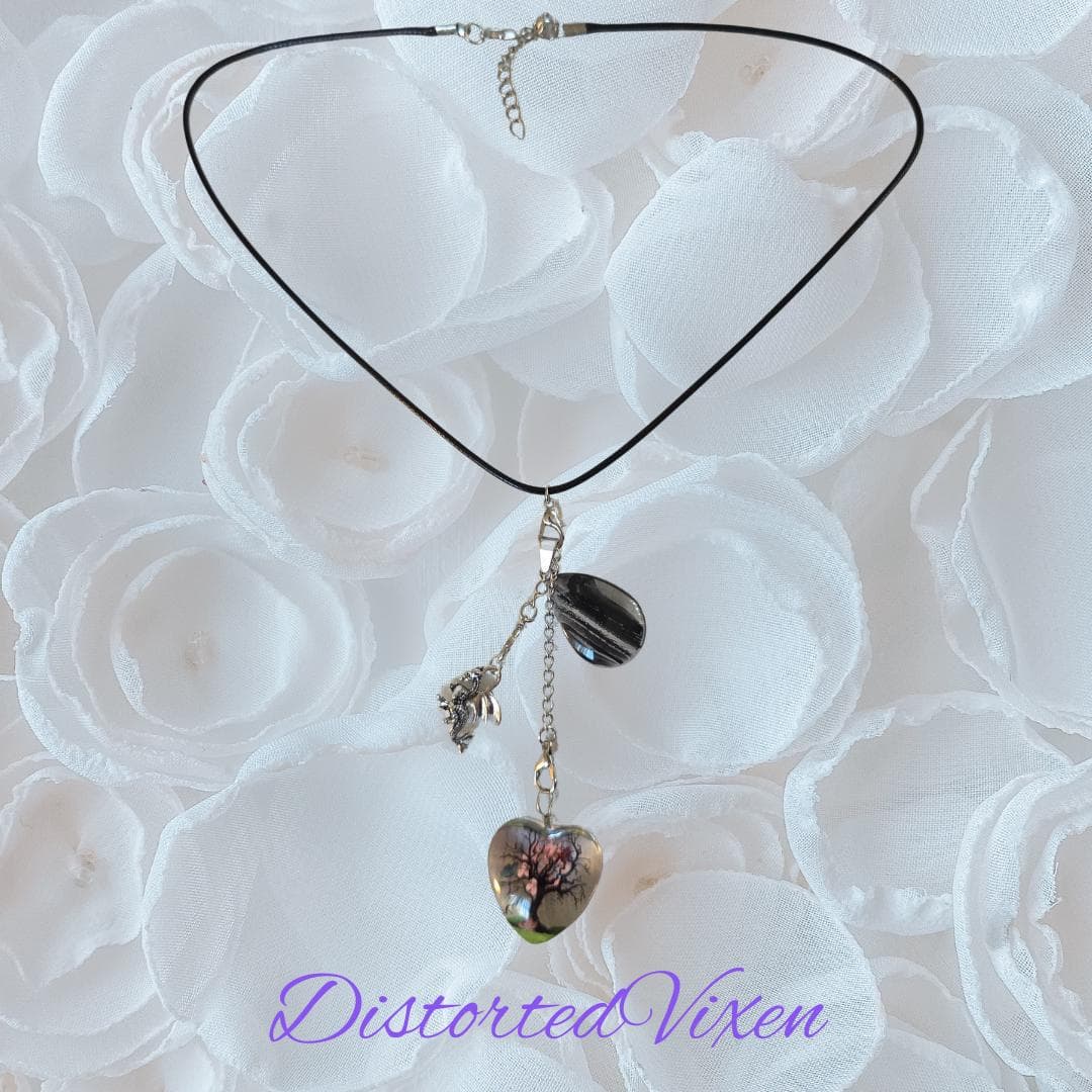 Tree of Life Dragon Necklace Resin Heart and Black Glass Teardrop Pendant, Layering Jewelry - Thumbnail 7