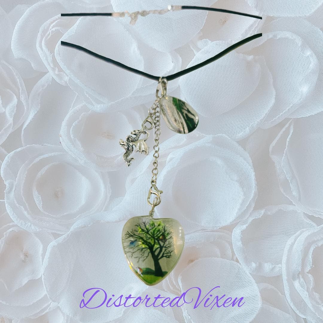 Tree of Life Dragon Necklace – Resin Heart, Teardrop Charm - Thumbnail 5