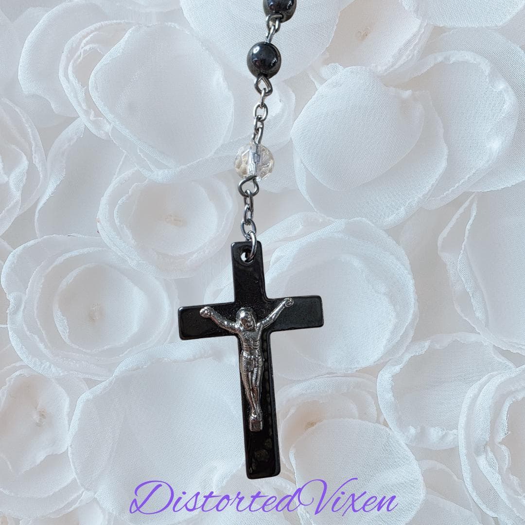 Black hematite Rosary Necklace – Crucifix Pendant, Gothic Cross Jewelry, Beaded Prayer Necklace - Thumbnail 6