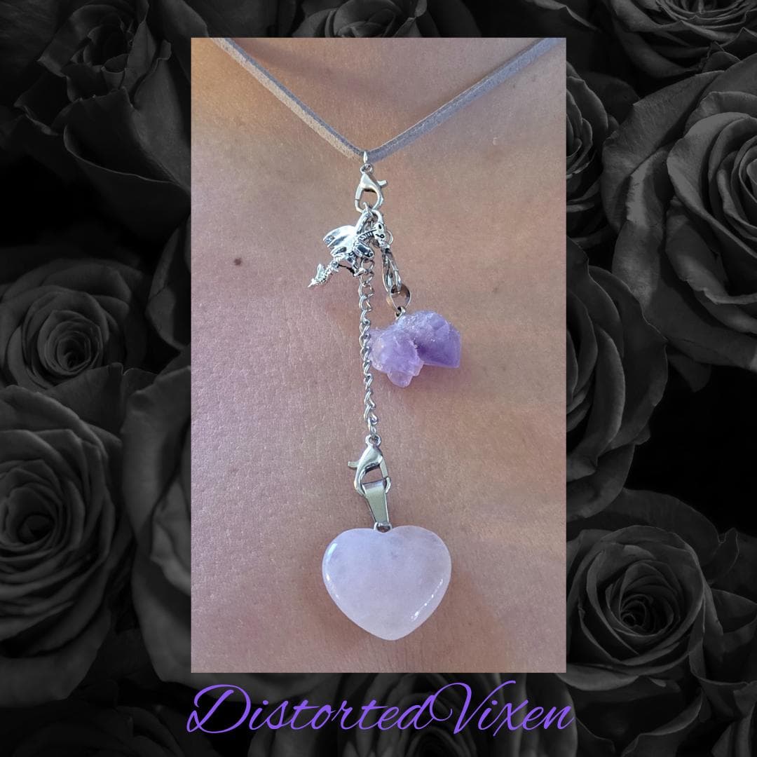 Rose Quartz & Amethyst Dragon Necklace, Adjustable Gray Cord, Interchangeable Charms, Layered Healing Jewelry - Thumbnail 7