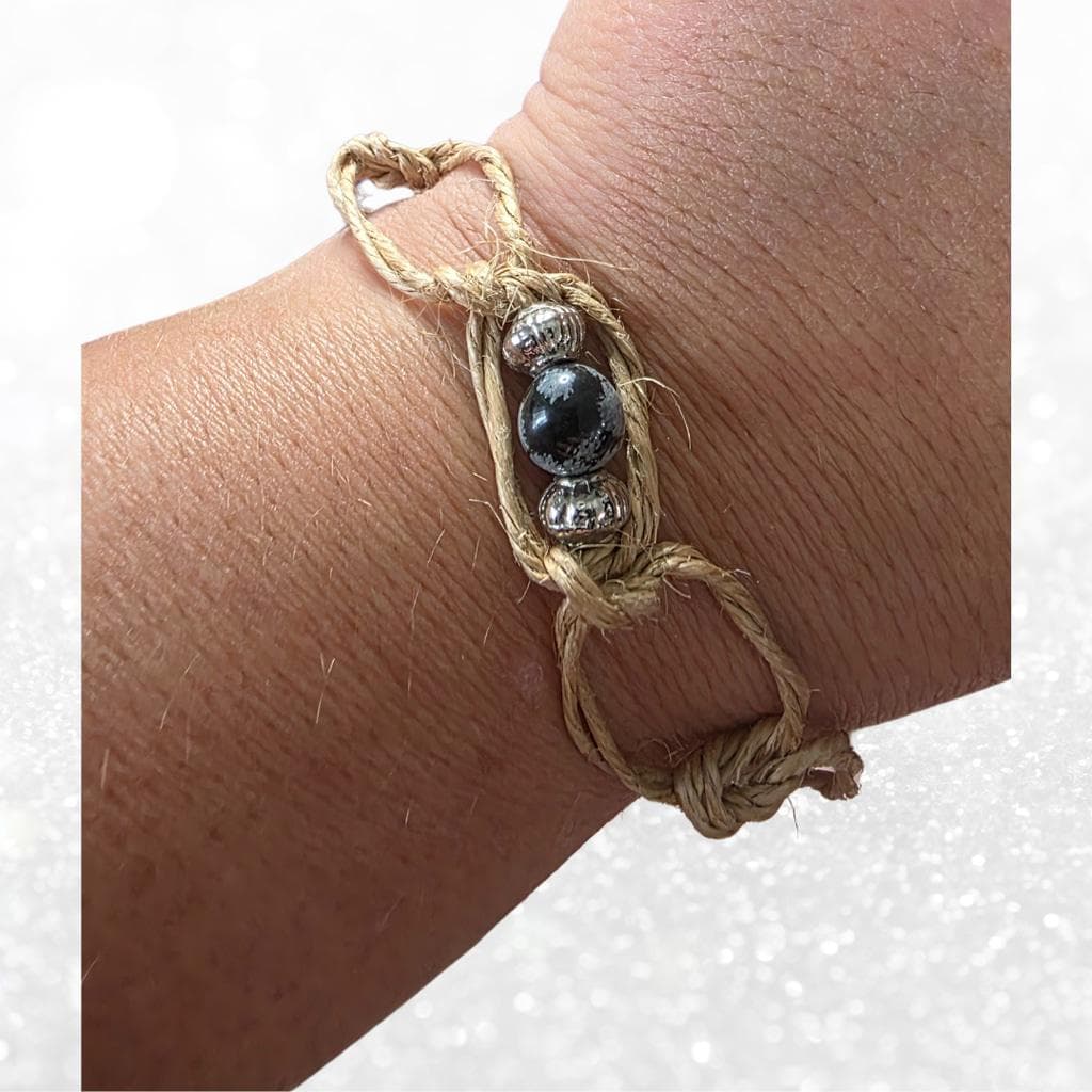 Snowflake Obsidian Hemp Bracelet - Nature-Inspired Gothic Armor Talisman - Boho - Thumbnail 7
