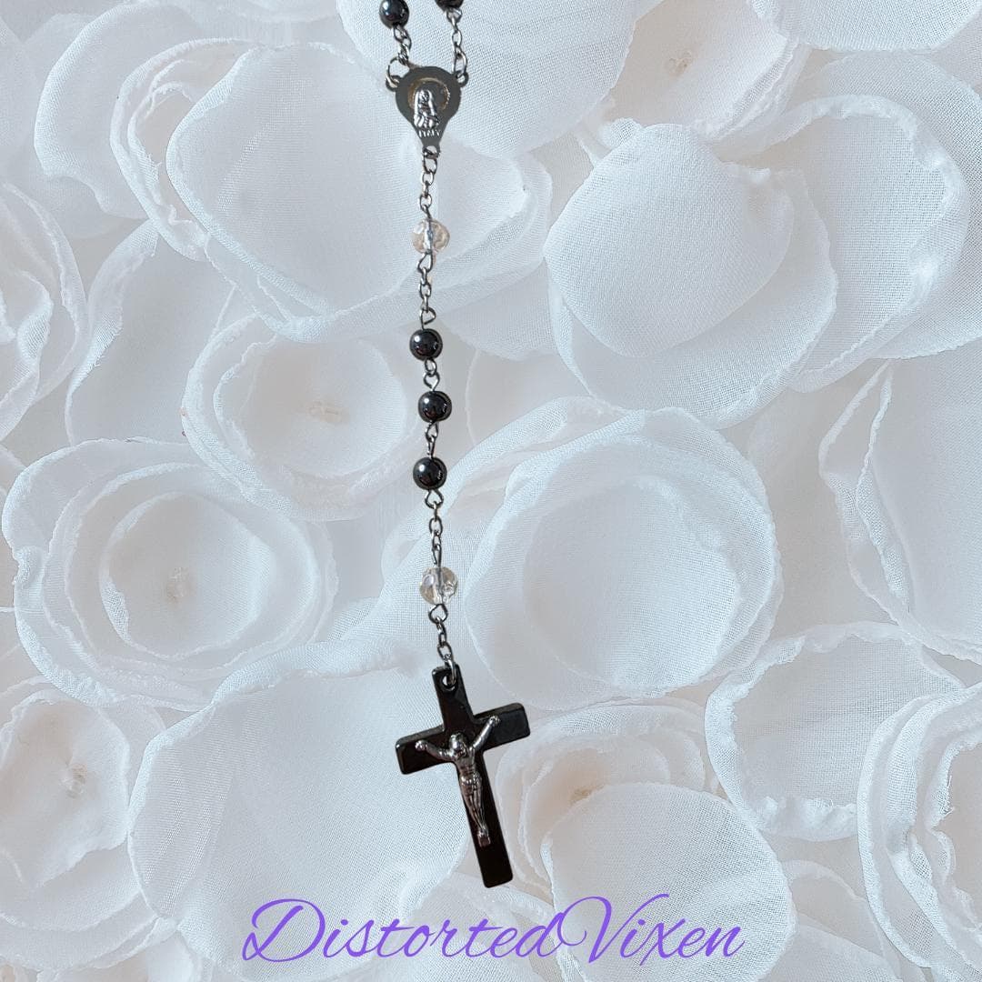 Black hematite Rosary Necklace – Crucifix Pendant, Gothic Cross Jewelry, Beaded Prayer Necklace - Thumbnail 7