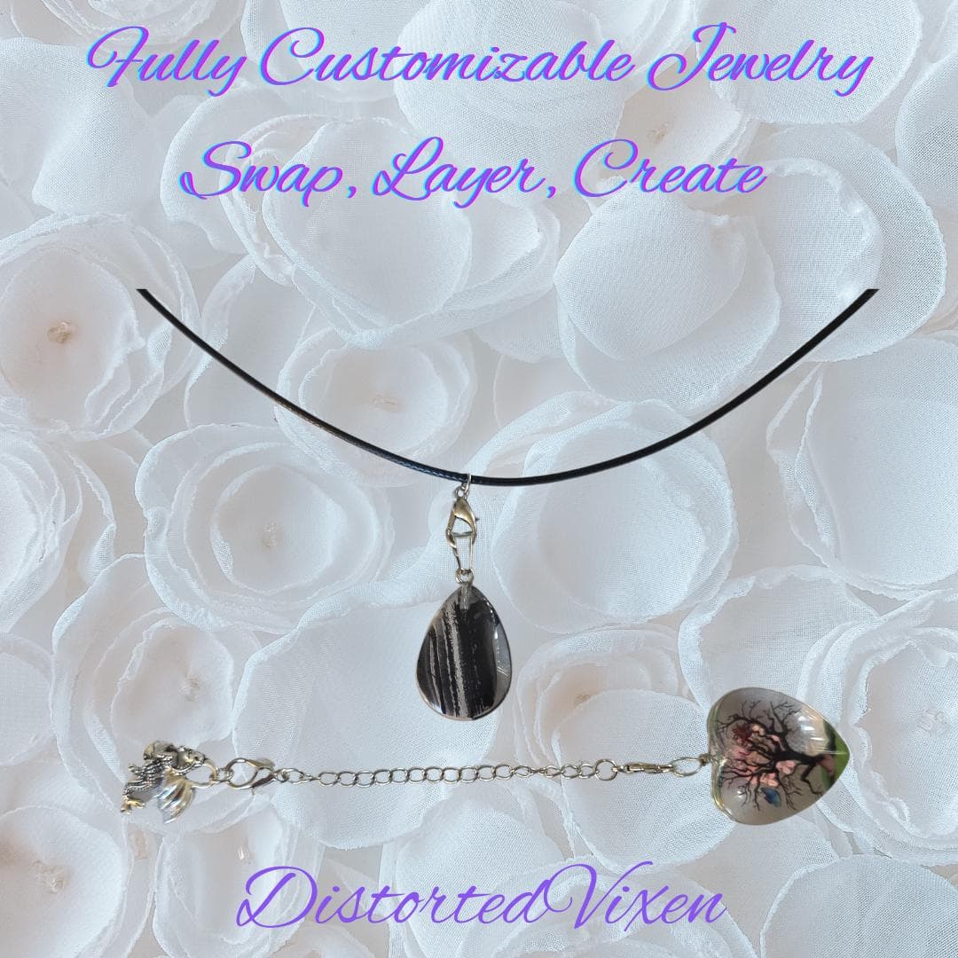 Tree of Life Dragon Necklace Resin Heart and Black Glass Teardrop Pendant, Layering Jewelry - Thumbnail 4