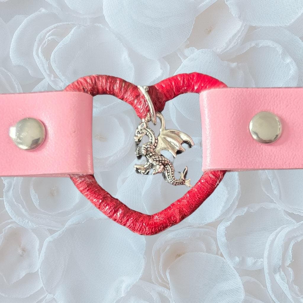 Pink Leather Heart Choker with Dragon Charm - Wrapped Red Collar - Goth - Thumbnail 6