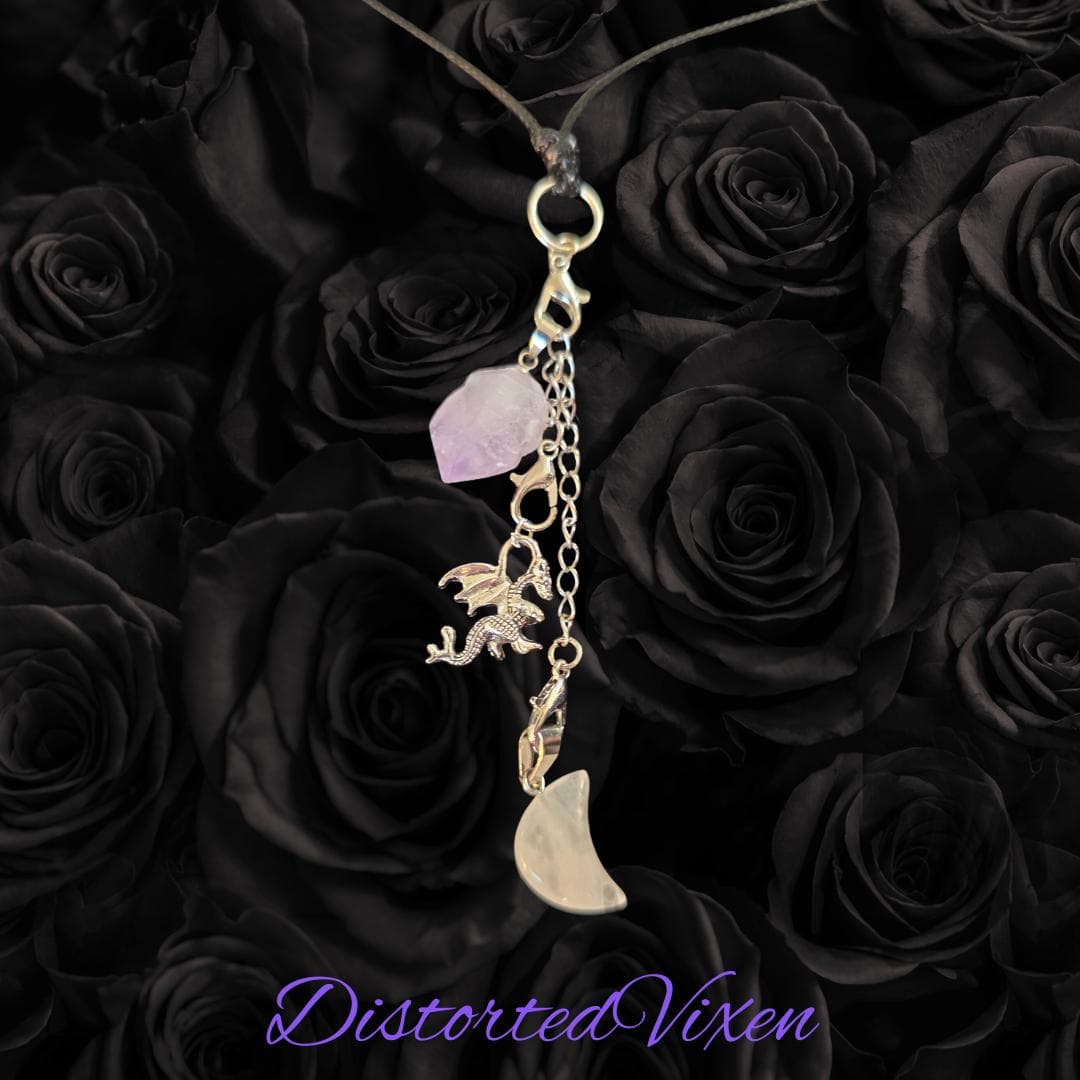 Amethyst & Quartz Moon Dragon Necklace | Adjustable Waxed Cord