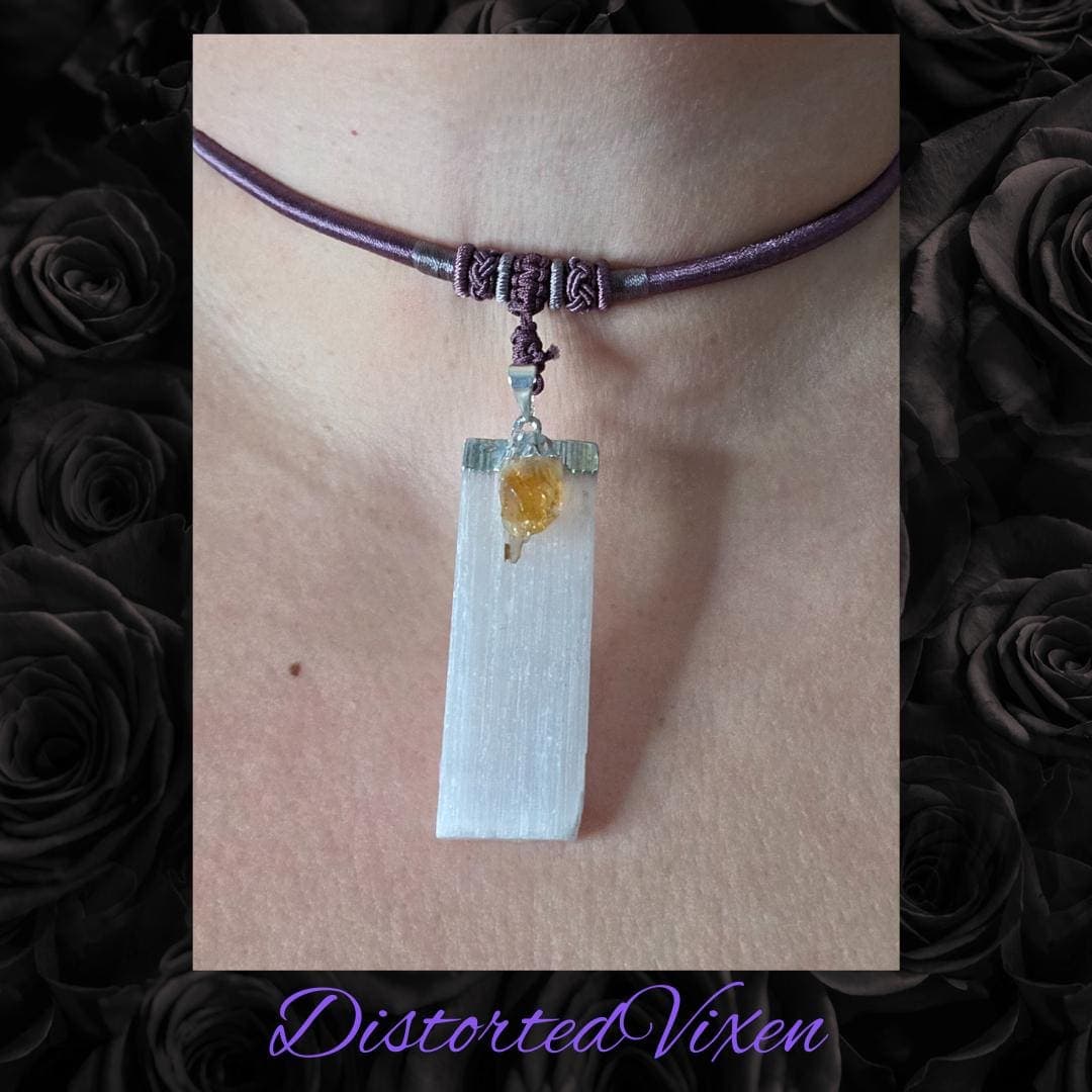 Selenite & Citrine Crystal Necklace | Mauve Satin Cord - Thumbnail 6