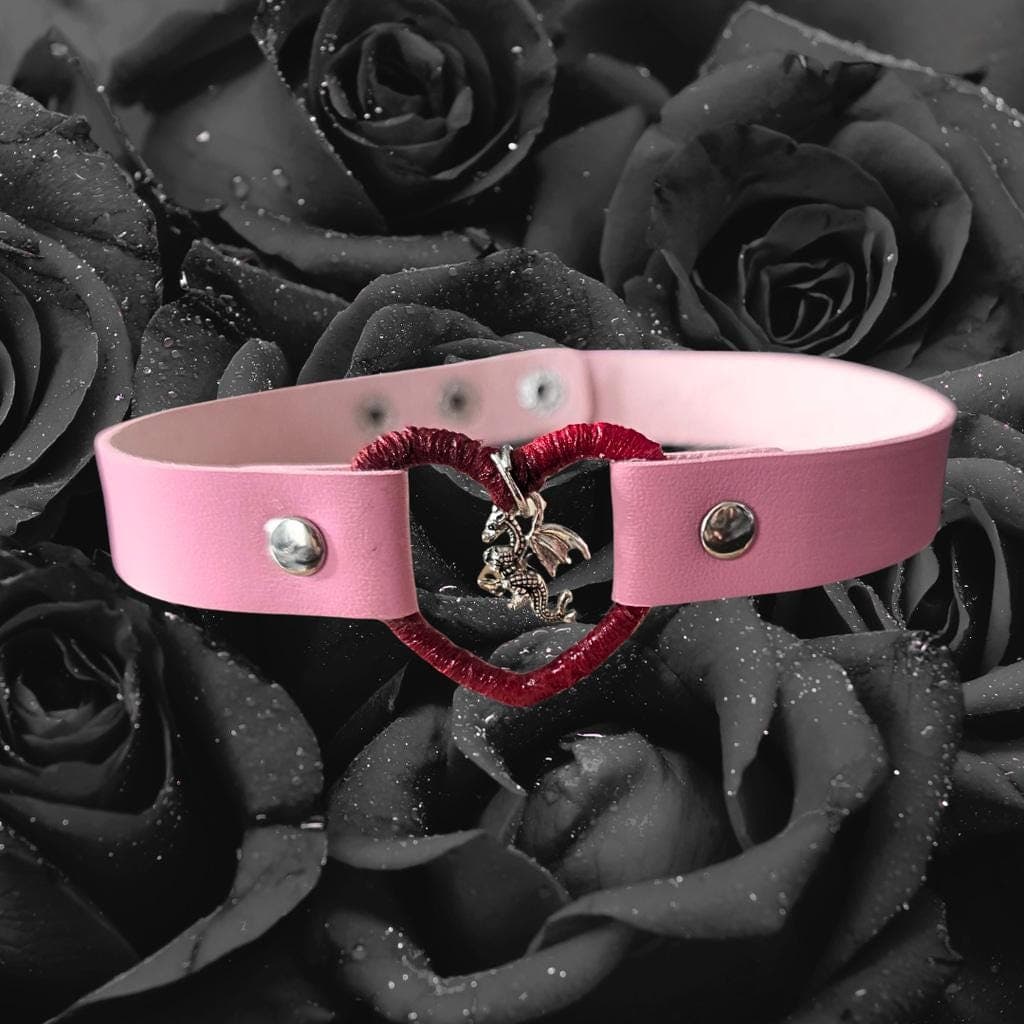 Pink Leather Heart Choker with Dragon Charm - Wrapped Red Collar - Goth - Thumbnail 3