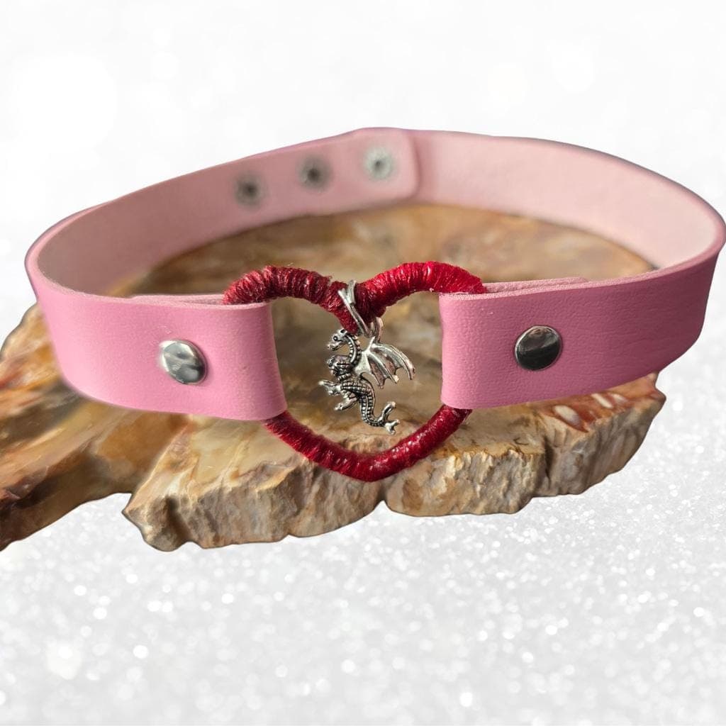Pink Leather Heart Choker with Dragon Charm - Wrapped Red Collar - Goth - Thumbnail 4