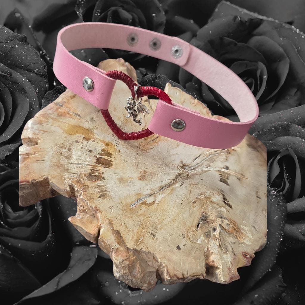 Pink Leather Heart Choker with Dragon Charm - Wrapped Red Collar - Goth - Thumbnail 2