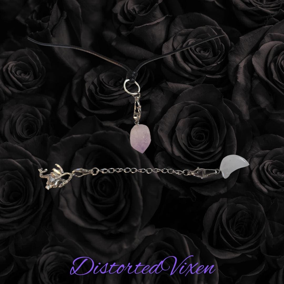Amethyst & Quartz Moon Dragon Necklace | Adjustable Waxed Cord - Thumbnail 3