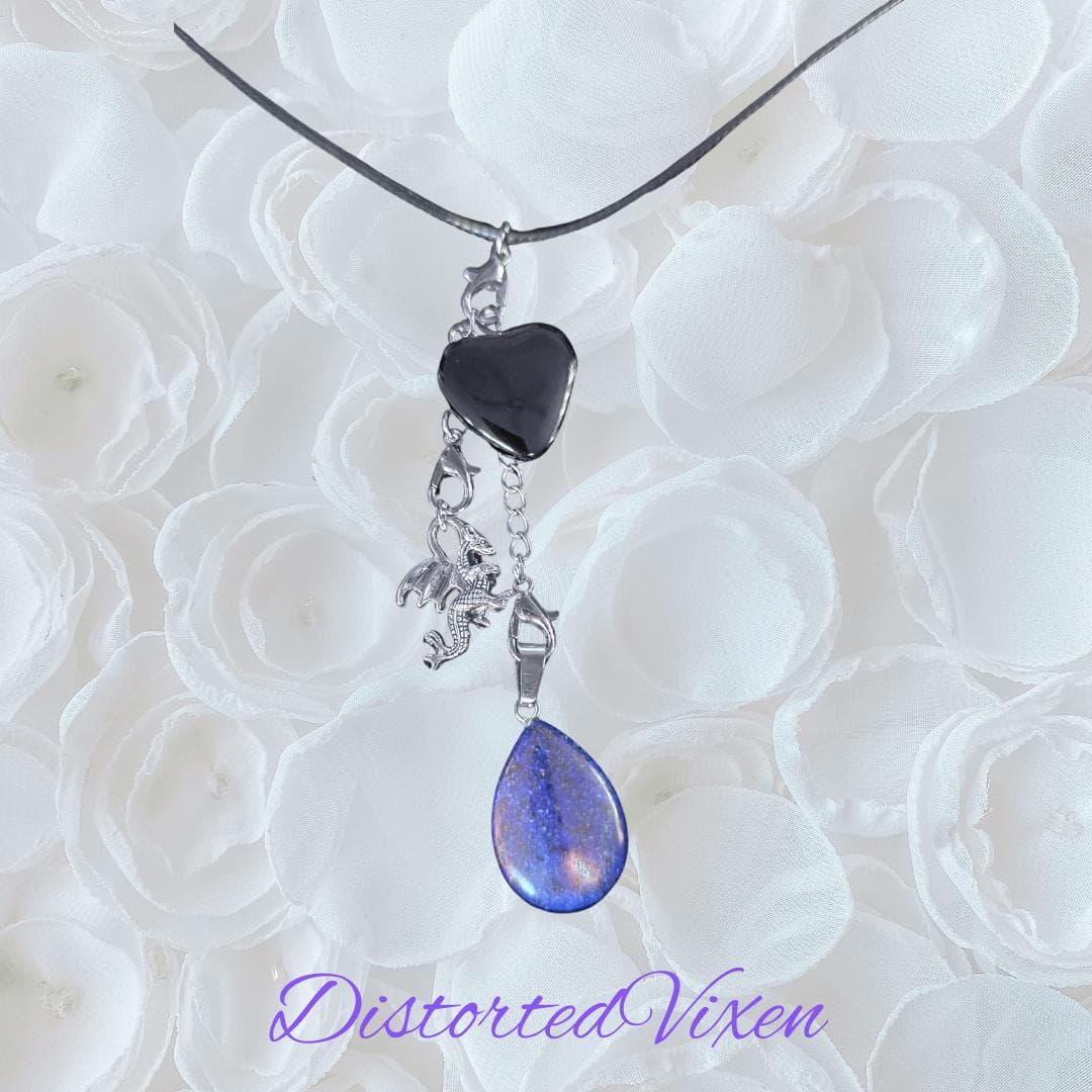 Black Obsidian & Lapis Lazuli Dragon Charm Convertible Necklace | Adjustable Cord