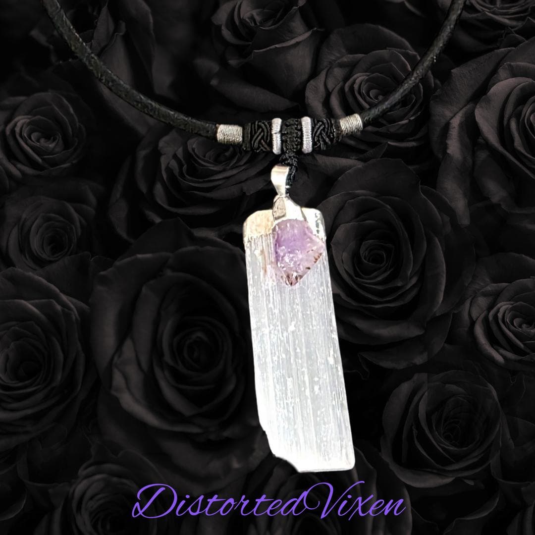 Selenite and Amethyst Choker Necklace | Raw Crystal Pendant for Clarity and Calm - Thumbnail 3