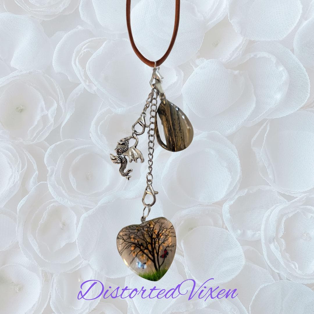 Tree of Life Heart Dragon Charm Necklace, Glass Teardrop Pendant
