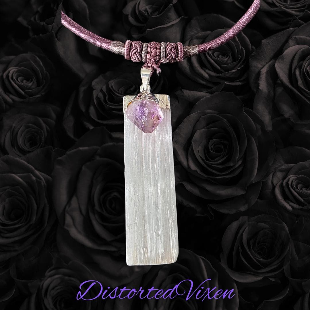 Amethyst & Selenite Necklace | Mauve Cord Choker | Crystal Healing Jewelry | Spiritual Protection Necklace - Thumbnail 4