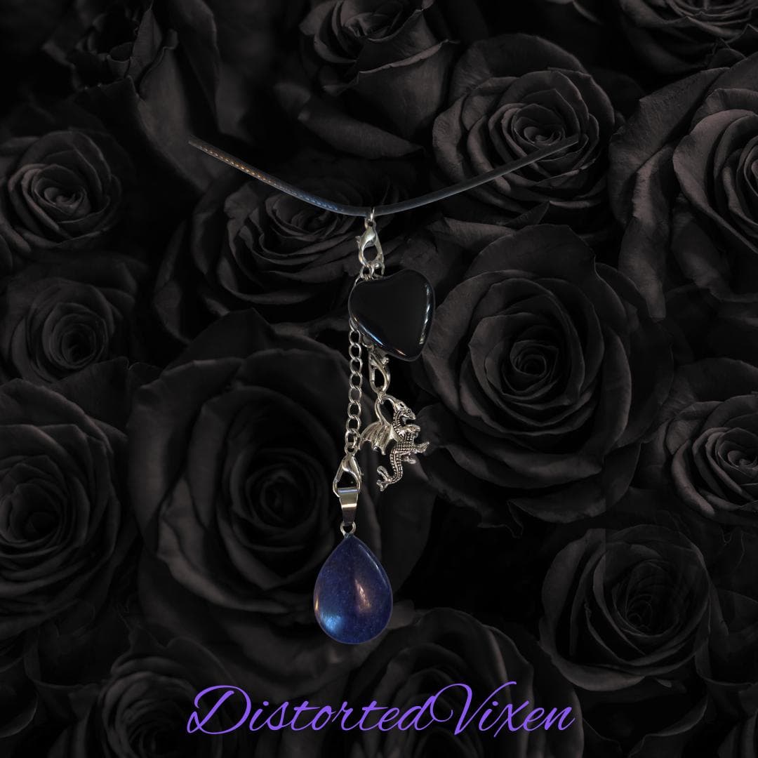 Black Obsidian & Lapis Lazuli Dragon Charm Convertible Necklace | Adjustable Cord - Thumbnail 2