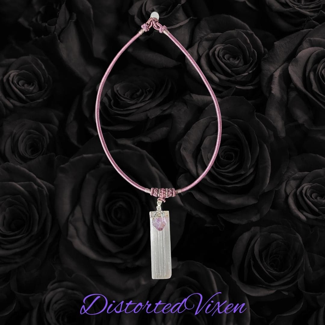 Amethyst & Selenite Necklace | Mauve Cord Choker | Crystal Healing Jewelry | Spiritual Protection Necklace - Thumbnail 2
