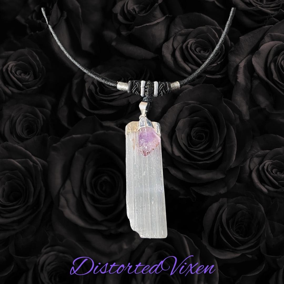 Selenite and Amethyst Choker Necklace | Raw Crystal Pendant for Clarity and Calm