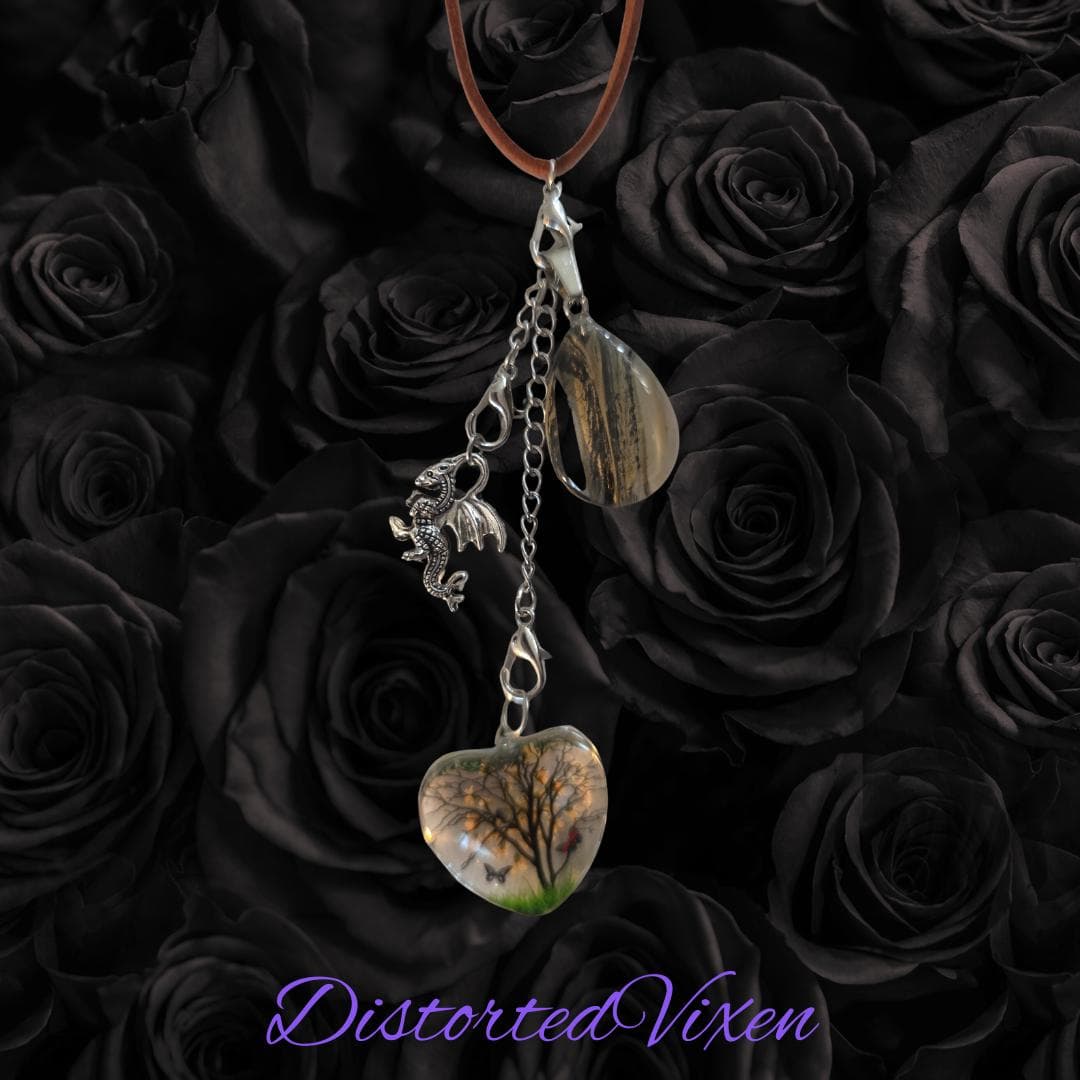 Tree of Life Heart Dragon Charm Necklace, Glass Teardrop Pendant - Thumbnail 4
