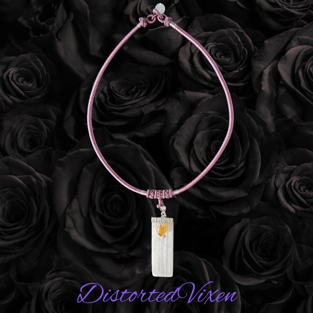 Selenite & Citrine Crystal Necklace | Mauve Satin Cord - Thumbnail 4