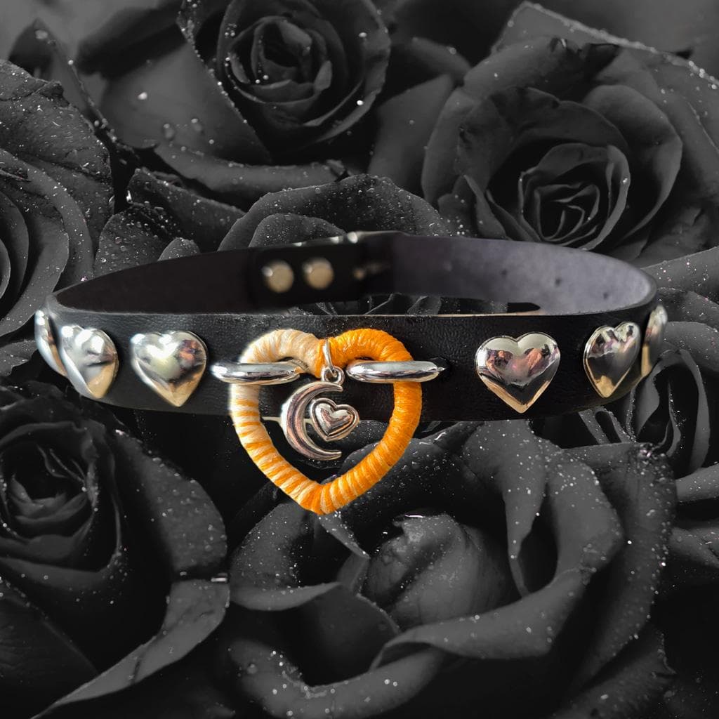 Harvest Moon Studded Leather Choker - Handmade Ombré Wrapped Heart Collar goth - Thumbnail 5
