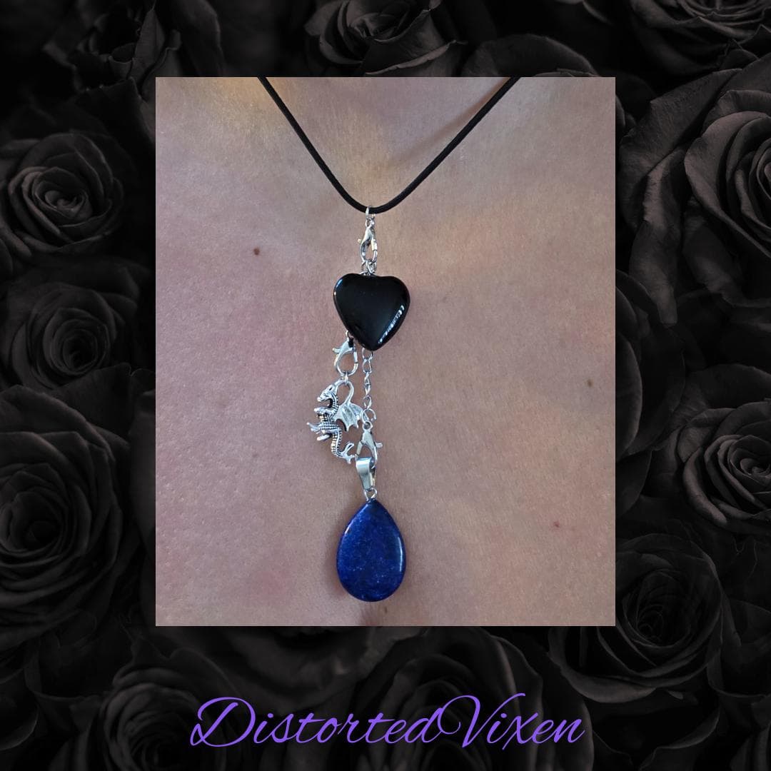 Black Obsidian & Lapis Lazuli Dragon Charm Convertible Necklace | Adjustable Cord - Thumbnail 3