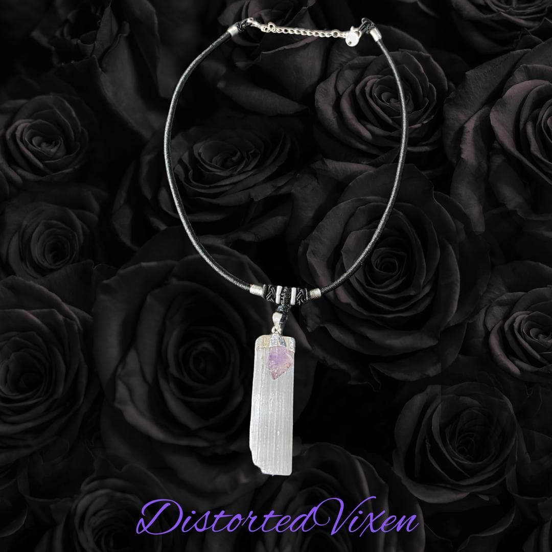 Selenite and Amethyst Choker Necklace | Raw Crystal Pendant for Clarity and Calm - Thumbnail 4