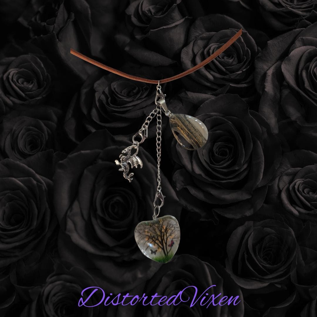 Tree of Life Heart Dragon Charm Necklace, Glass Teardrop Pendant - Thumbnail 6