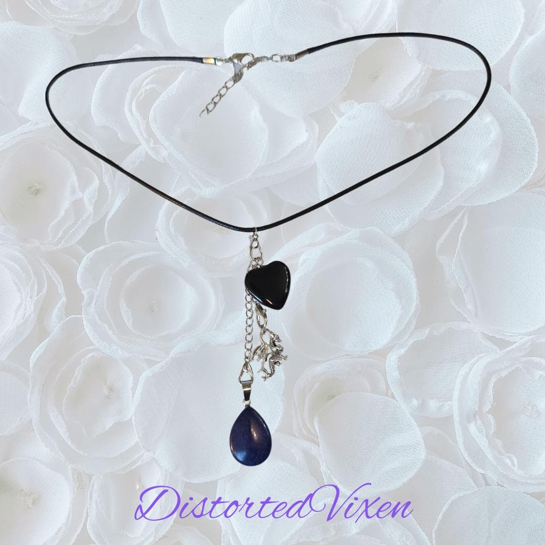 Black Obsidian & Lapis Lazuli Dragon Charm Convertible Necklace | Adjustable Cord - Thumbnail 6