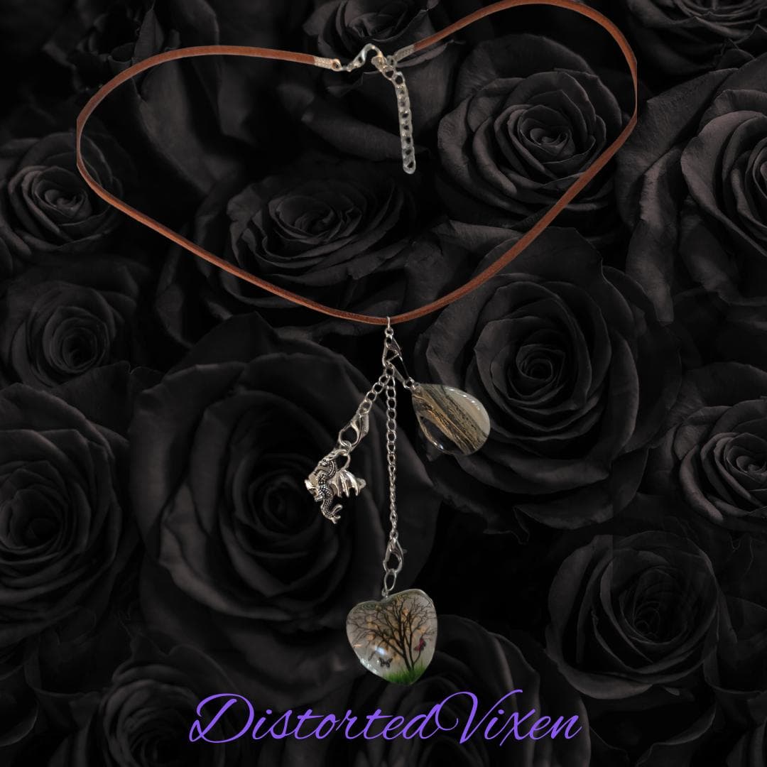 Tree of Life Heart Dragon Charm Necklace, Glass Teardrop Pendant - Thumbnail 5
