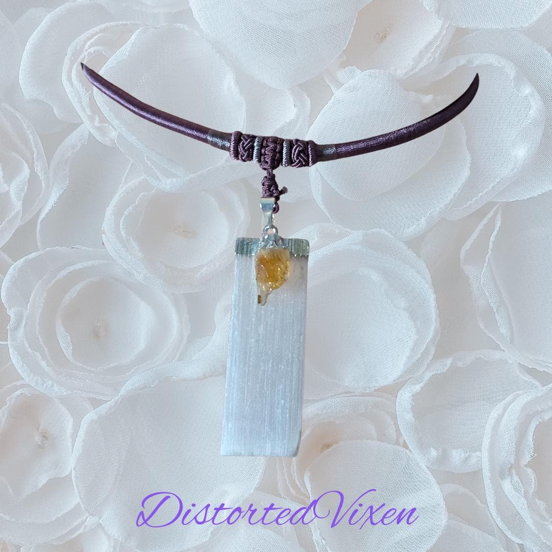 Selenite & Citrine Crystal Necklace | Mauve Satin Cord - Thumbnail 7