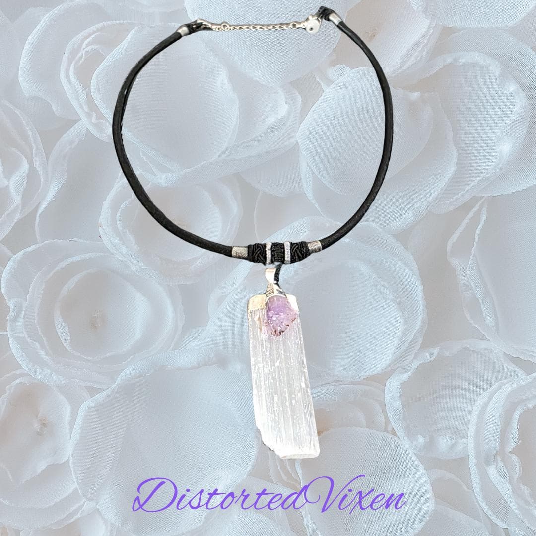 Selenite and Amethyst Choker Necklace | Raw Crystal Pendant for Clarity and Calm - Thumbnail 6